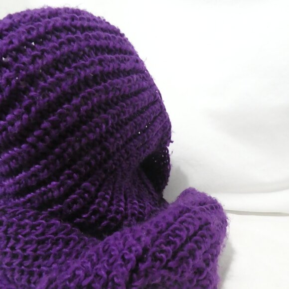 Knitted Purple Scarf with Hood and Pom-Poms - Picture 6 of 7